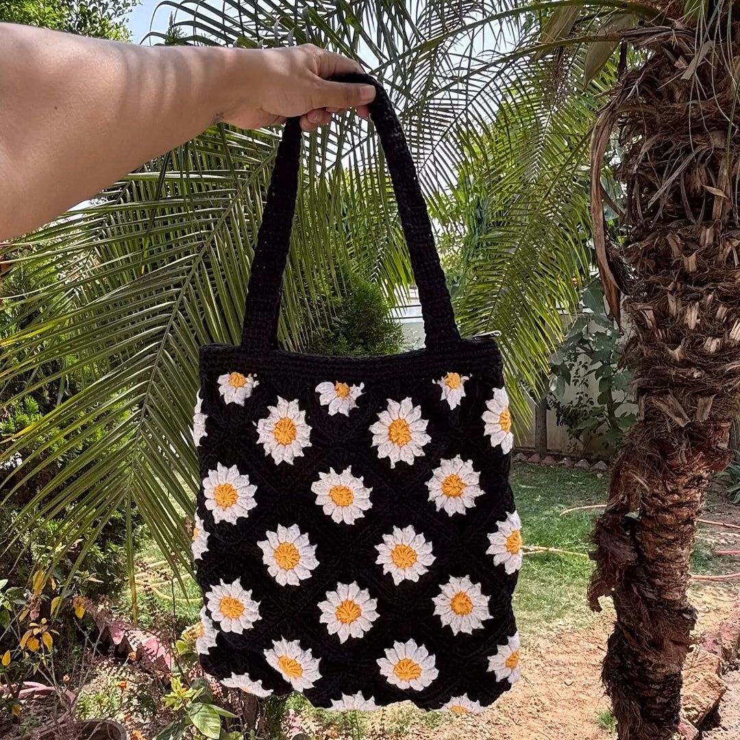 Handmade Crochet Daisy Flower Design Cotton Tote Bag