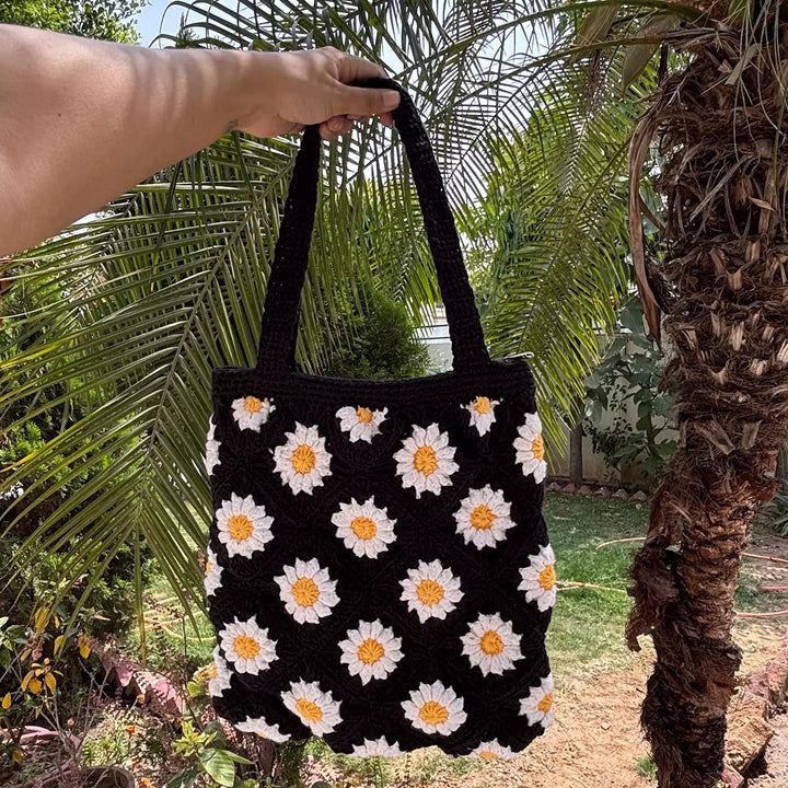 Handmade Crochet Daisy Flower Design Cotton Tote Bag