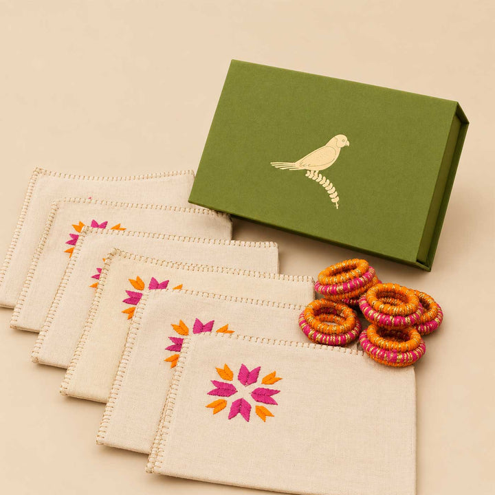Pink And Orange Phulkari Diwali Embroidered Napkin Set Mini Gift Hamper For Festive Gifting