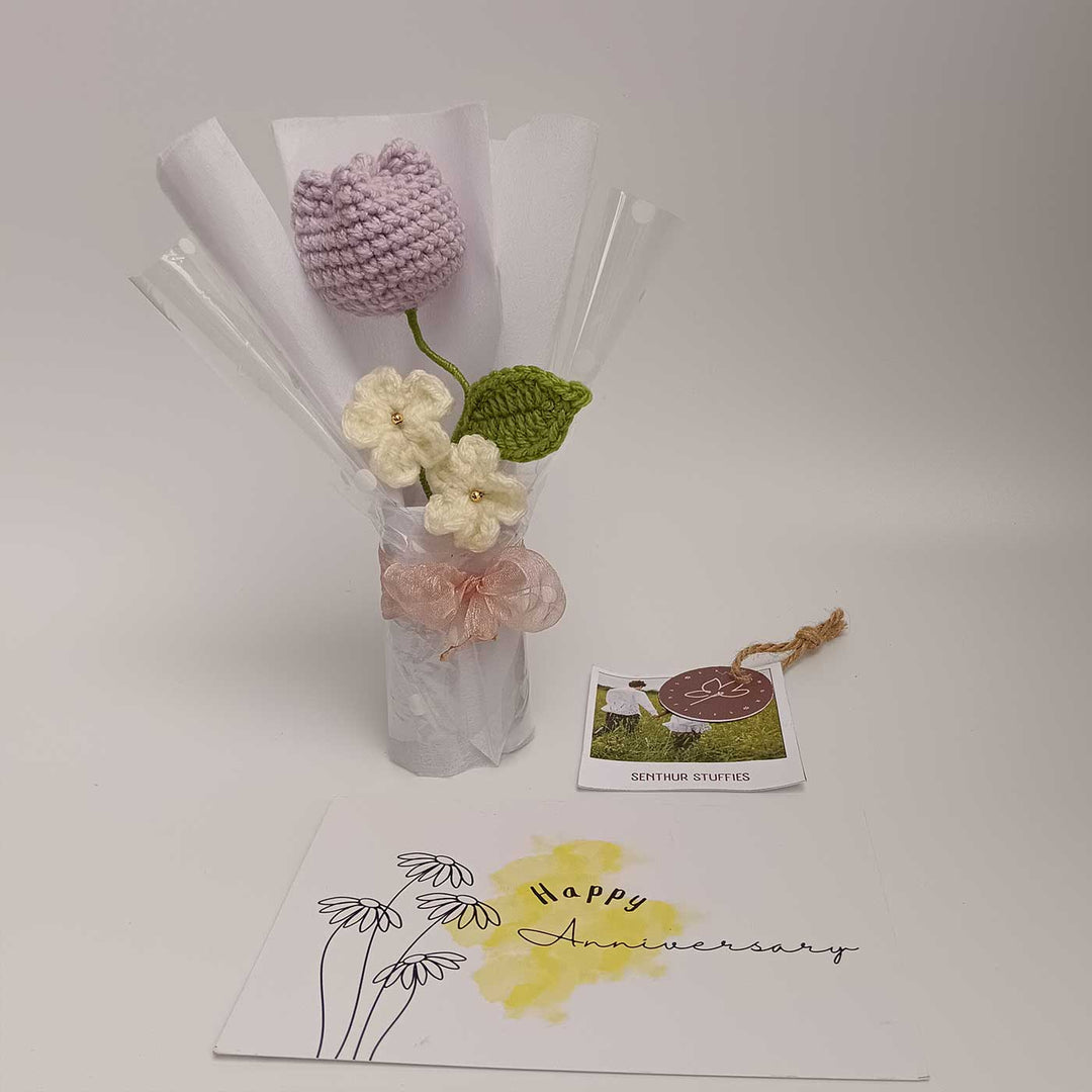 Handmade Crochet Lavender Tulip Mini Flower Bouquet | Includes Photo & Greeting Card