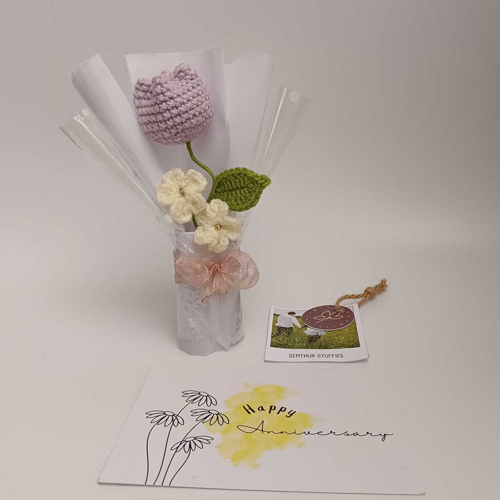 Handmade Crochet Lavender Tulip Mini Flower Bouquet | Includes Photo & Greeting Card