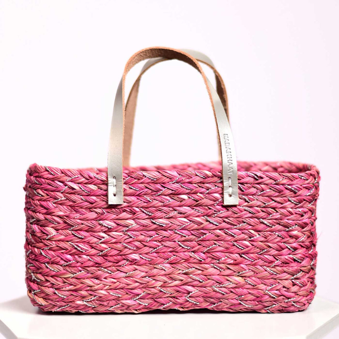 Handmade Grass Woven Blush Braided Flat Strap Sabai Mesh Handbag