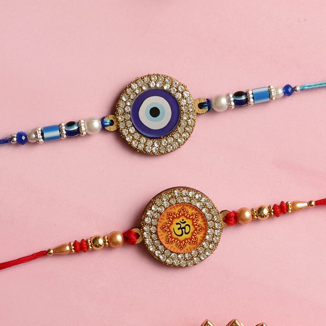 Handmade Om & Evil Eye Rakhi With Roli Chawal | Set Of 2