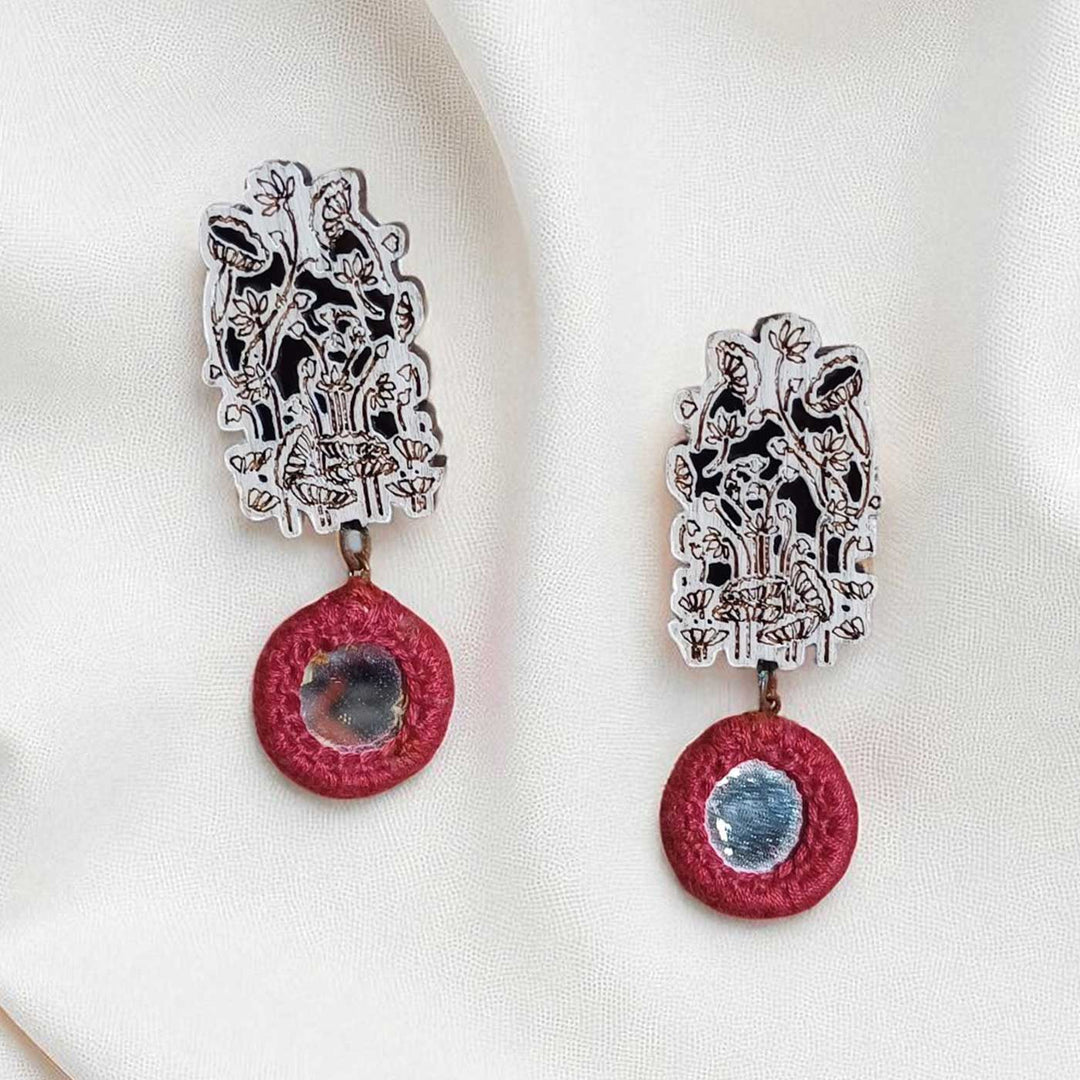 Handmade Silver Mirror Floral Jhumka Wooden Earrings