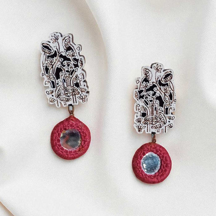 Handmade Silver Mirror Floral Jhumka Wooden Earrings
