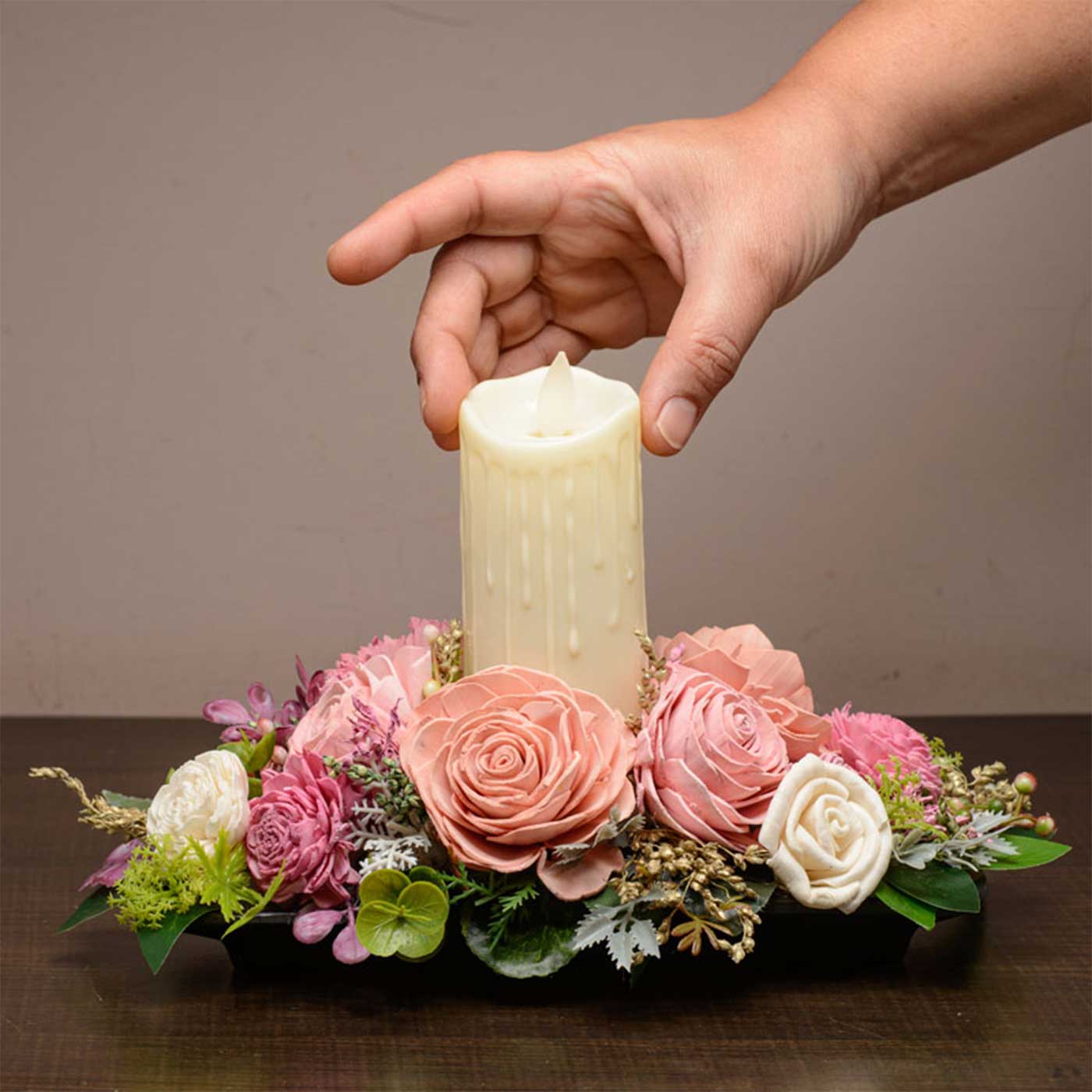 Buy Handmade Rose Glow Shola Flower Centerpiece With Candle Holder