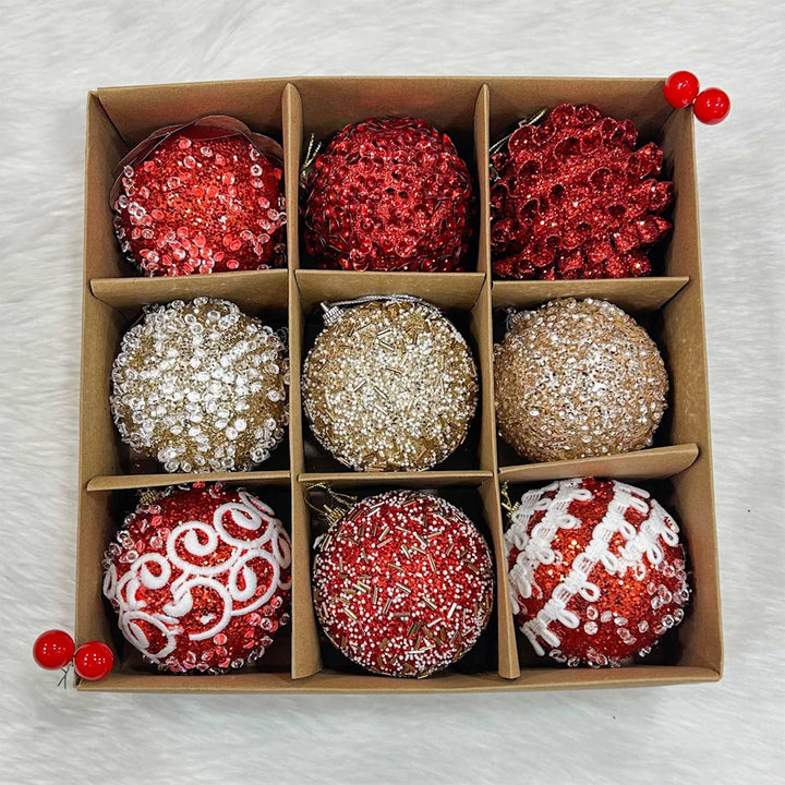 Handmade Red & Gold Shimmer Embellished Chirstmas Ball Ornaments For Decoration | Set Of 9