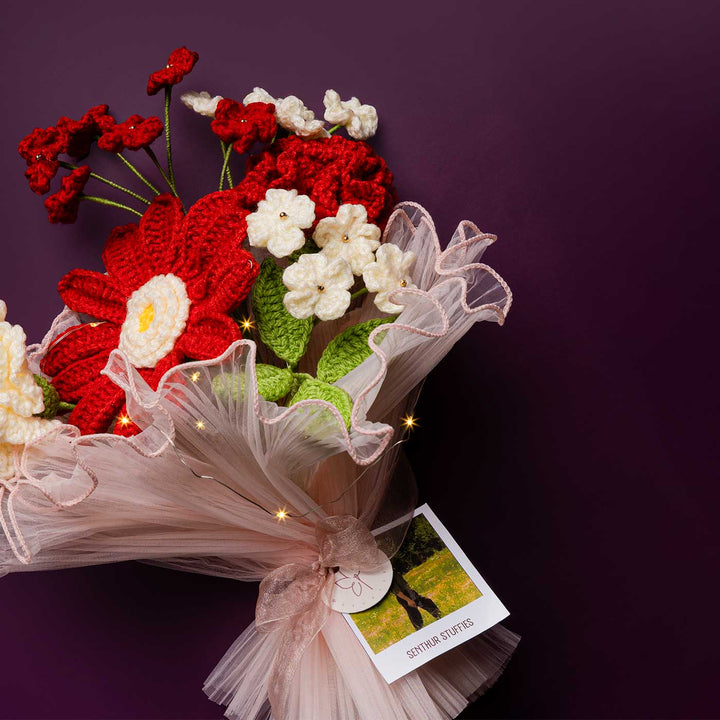Handmade Crochet Bold Beauty Flower Bouquet With Lights | Includes Photo & Greeting Card