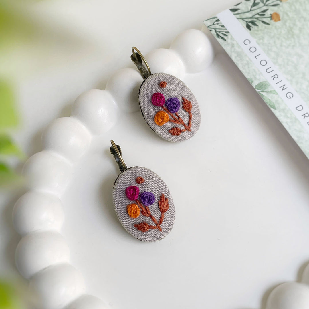 Hand Embroidered Blossom Pop Bronze Tone Earrings