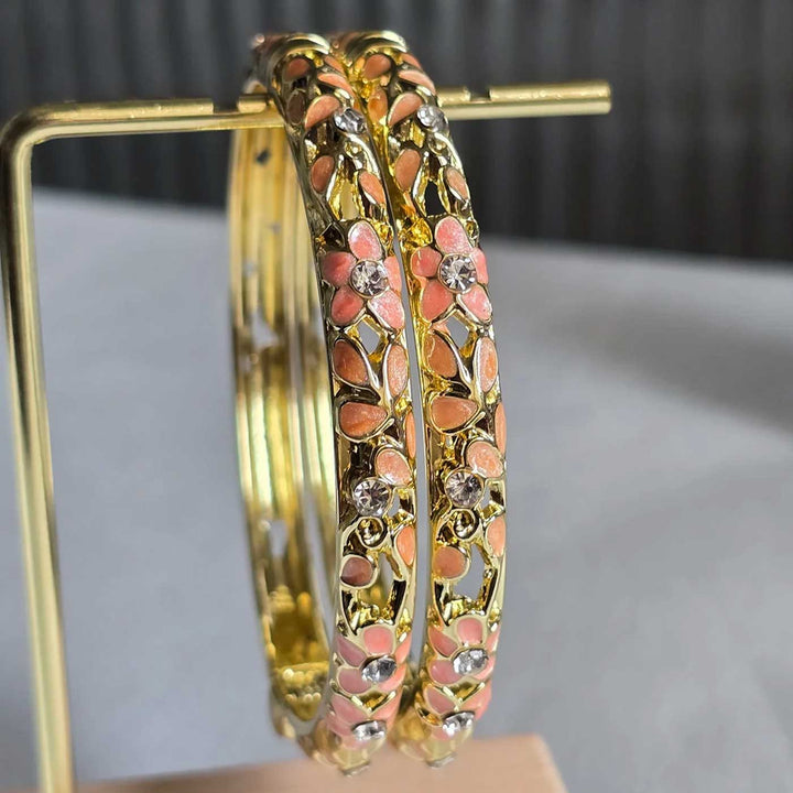 Handcrafted Floral Enamel Cut-Work Crystal Studded 18K Gold Plated Stainless Steel Openable Bangle - Coral