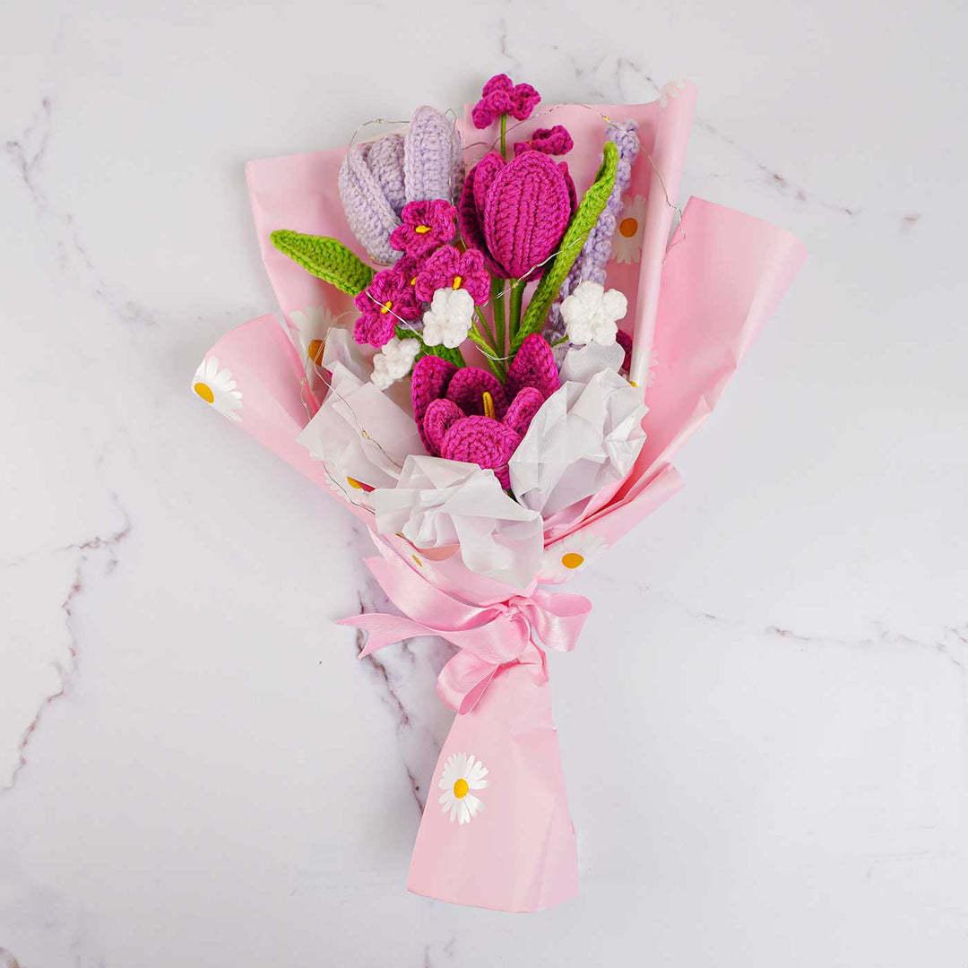 Handmade Crochet Violet Flower Bouquet With Lights