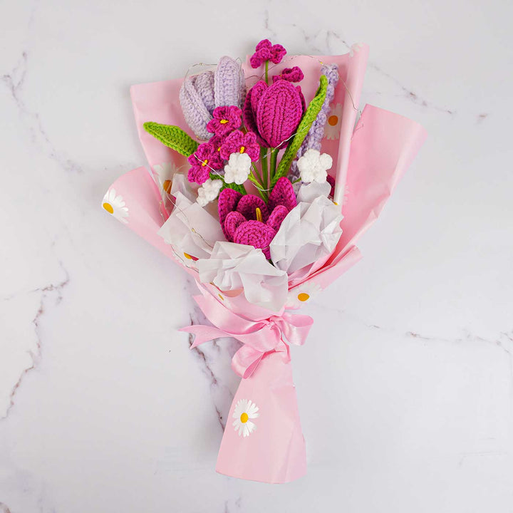 Handmade Crochet Violet Flower Bouquet With Lights