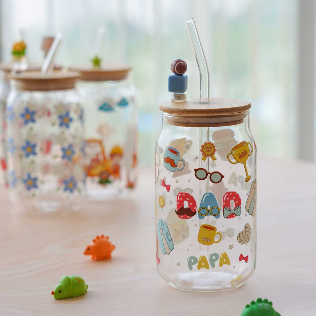 Cute Printed "Dad" Theme Glass Tumbler With Straw For Kids