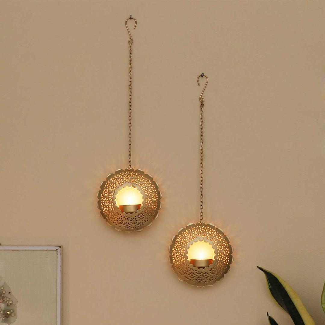 Set of 2 | Handmade Round Etched Hanging Metal Votive Tealight Holders For Festive Decor