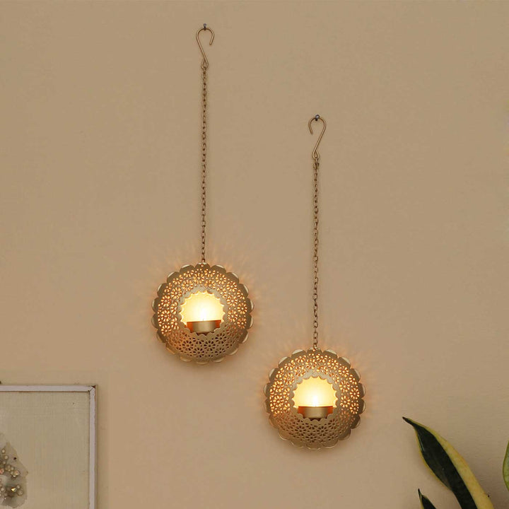 Set of 2 | Handmade Round Etched Hanging Metal Votive Tealight Holders For Festive Decor
