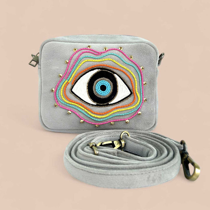 Handmade Embroidered Evil Eye Design Velvet Sling Bag