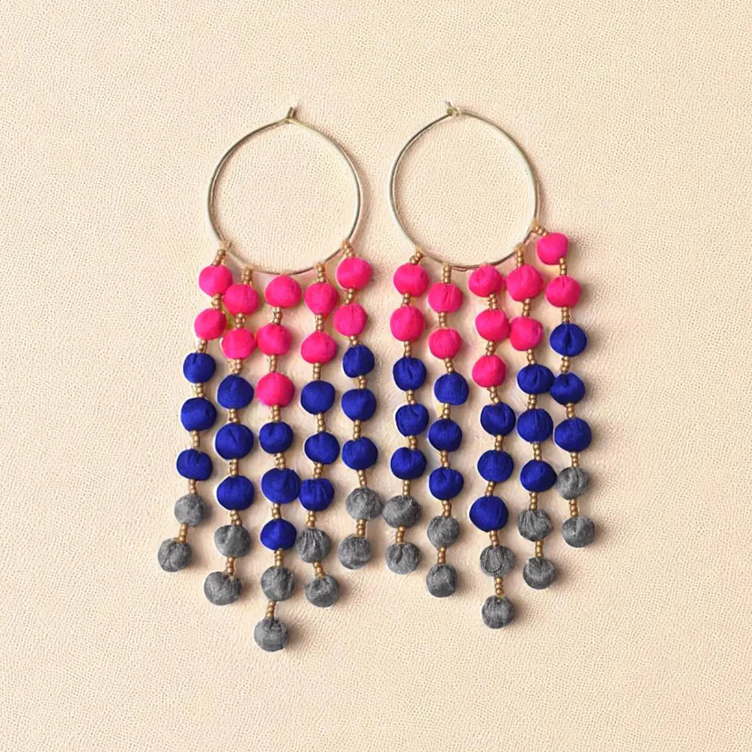 Handmade Textile Art Hoop Hanging Round Tassels Dupion Silk Fabric Earrings