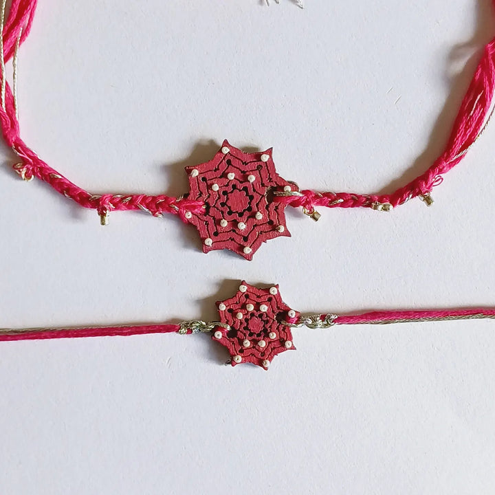 Handmade Reusable Pink Star Shape Ghungroo & Beads Wooden Bhaiya Bhabhi Rakhi With Roli Chawal
