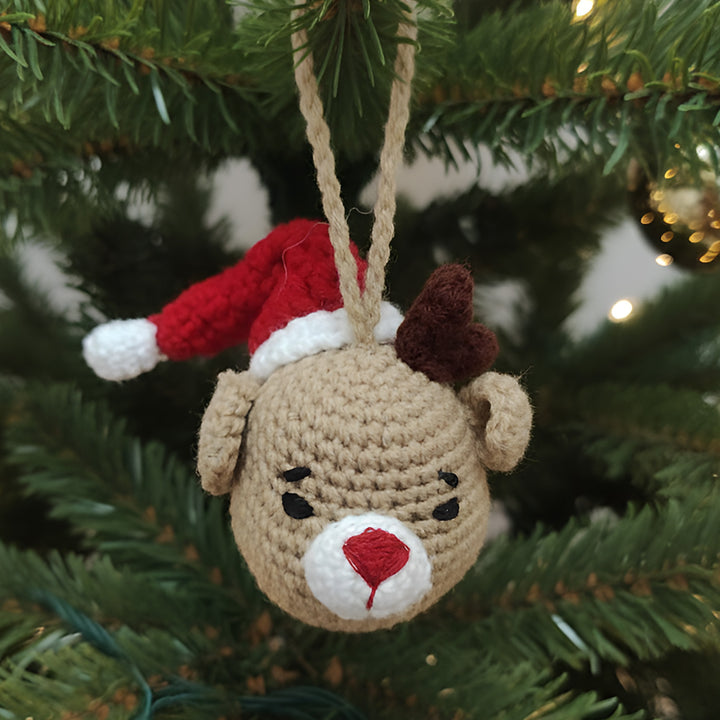 Handmade Crochet Reindeer With Hat Ornament For Christmas Decoration
