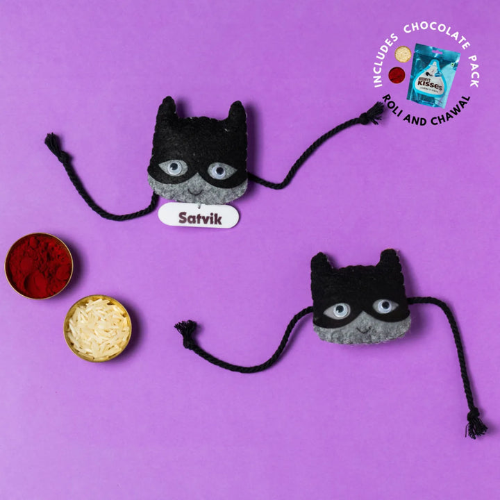 Personalized Handmade Batman Theme Felt Kids Rakhi With Chocolates & Roli Chawal