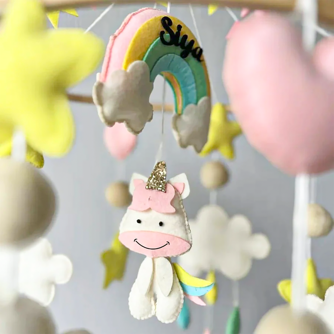 Personalized Handmade Rainbow Unicorn Delight Felt Cot Mobile For Newborns