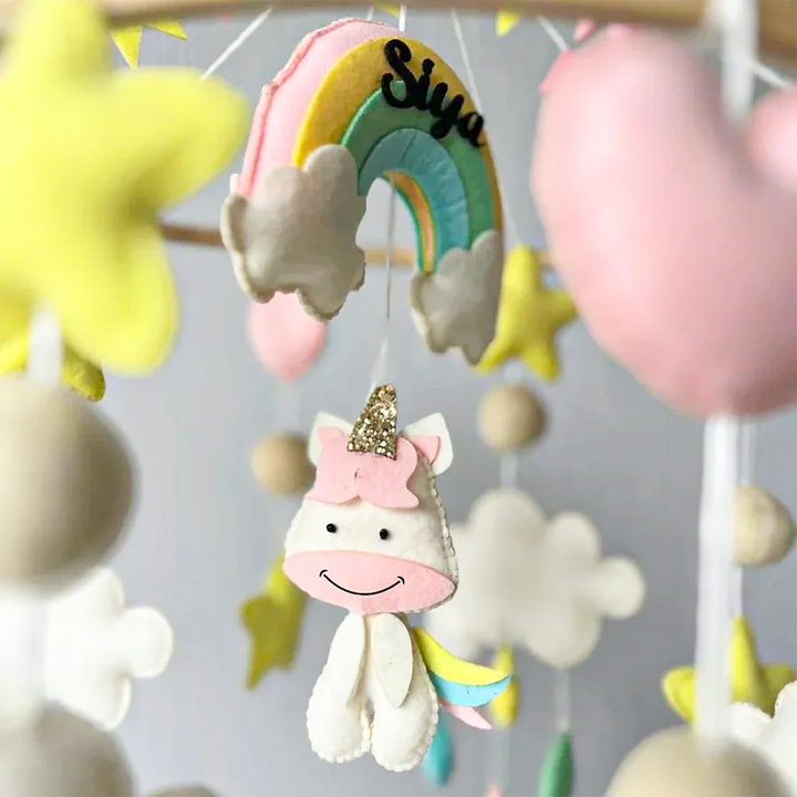 Personalized Handmade Rainbow Unicorn Delight Felt Cot Mobile For Newborns