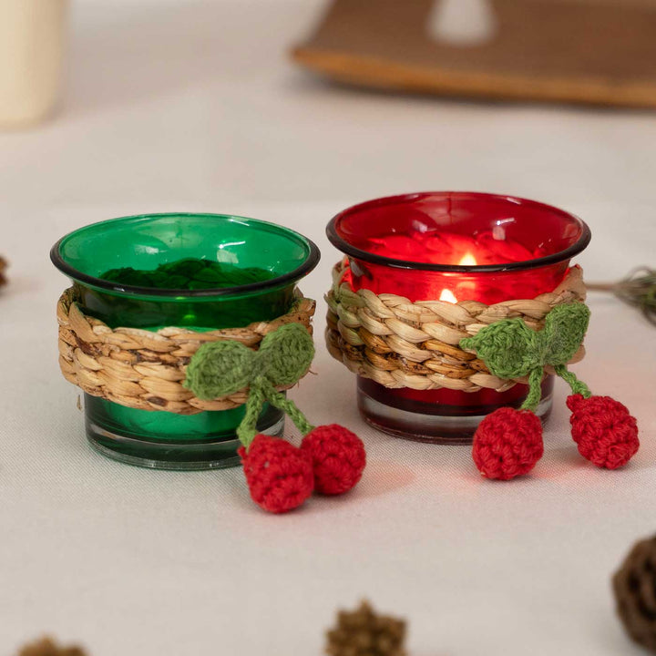 Handmade Cherry Glass Tea Light Holder | Set Of 2