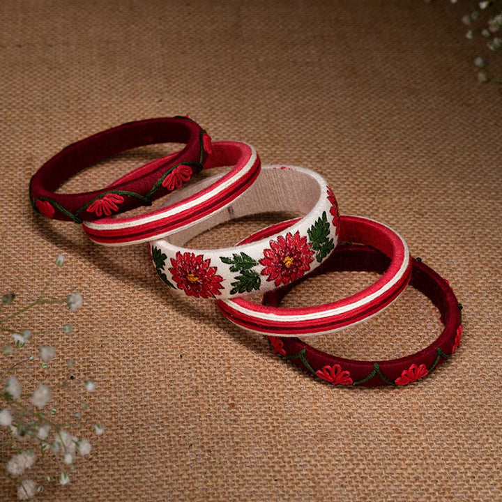 Red Handcrafted Dahlia Flower Bangles | Set of 5