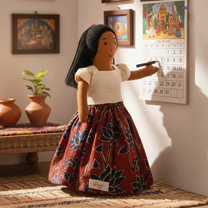 Nilah's (Younger Sister) Malar In White & Red Dress | Soft Hand-Stitched Sustainable Indian Play Doll