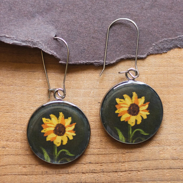 Illustrated Sunflower Design Resin & Stainless Steel Earrings