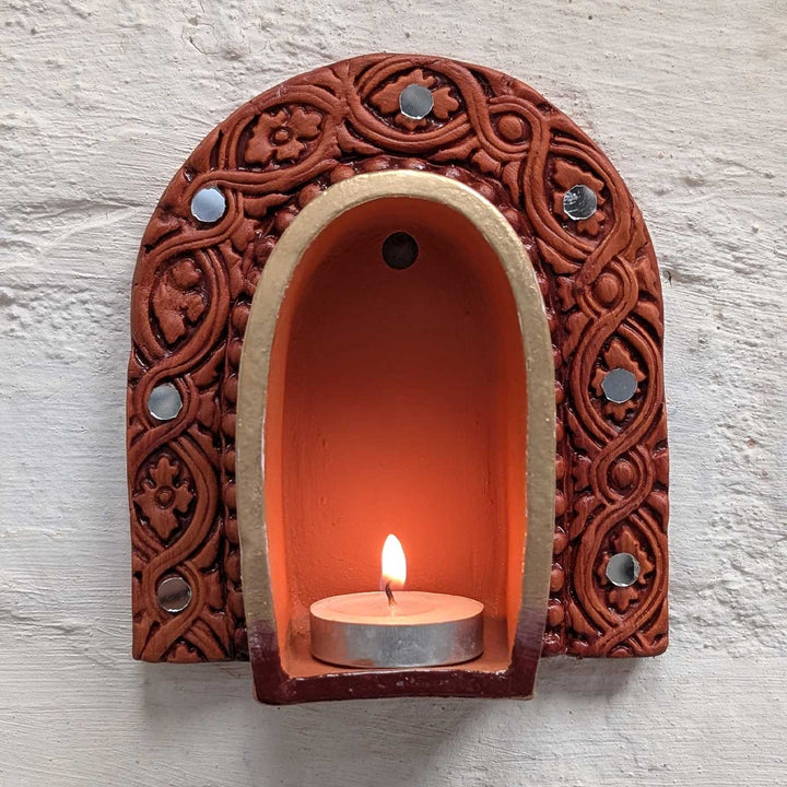Hand-Painted "Mirror & Mitti" Arch Jharokha Terracotta Wall Decor Tealight Holder With Mirror Work For Festive Decor