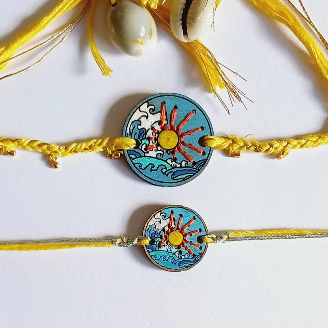 Handmade Blue Sea Sun Design Ghungroo Shell Wooden Bhaiya Bhabhi Rakhi With Roli Chawal
