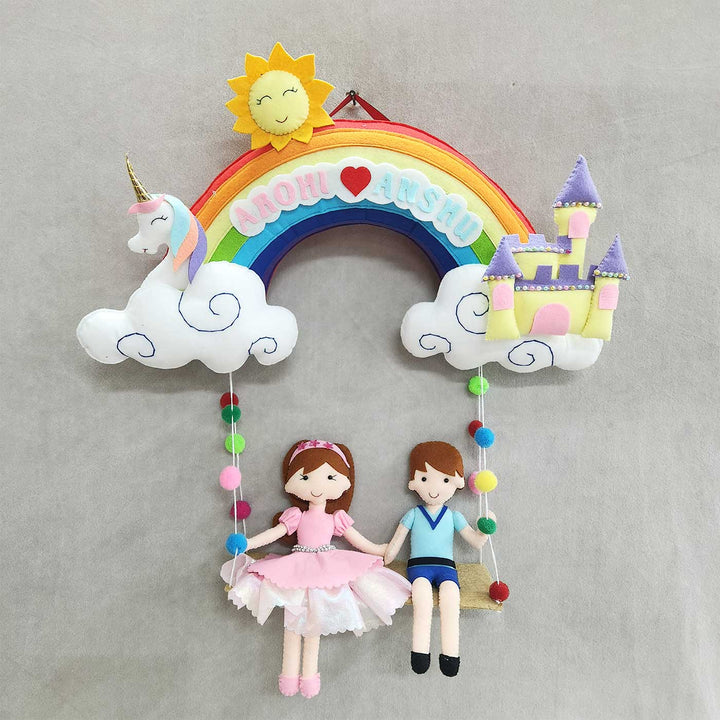 Personalized Rainbow Theme Felt Kids Name Plate For Siblings