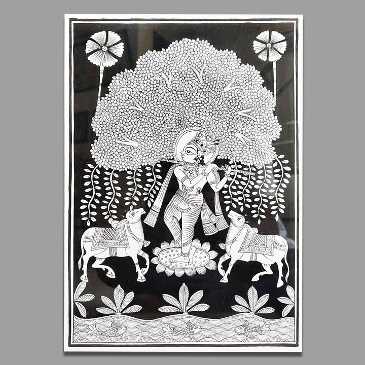 15 X 11 Inch | Krishna with Cows Paper Phad Painting