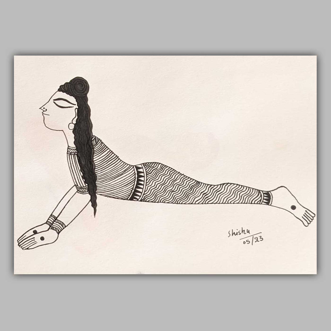 6 x 9 Inch | Bhujangansan Cobra Yoga Pose | Minimalist Black & White Mudhubani Style Line Drawing With Frame