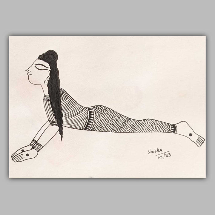 6 x 9 Inch | Bhujangansan Cobra Yoga Pose | Minimalist Black & White Mudhubani Style Line Drawing With Frame