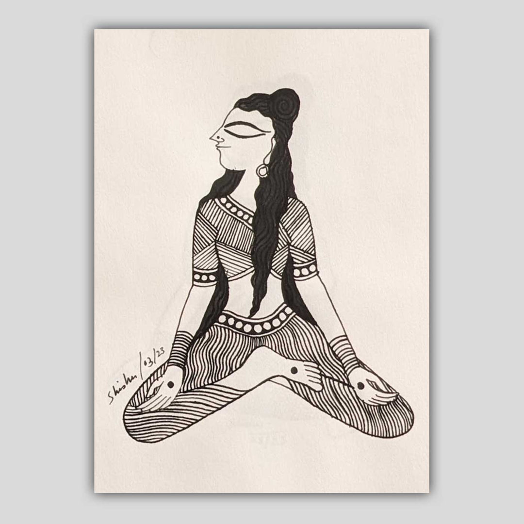 6 x 9 Inch | Sukhsan Yoga Pose | Minimalist Black & White Mudhubani Style Line Drawing With Frame