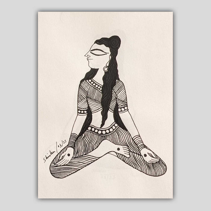 6 x 9 Inch | Sukhsan Yoga Pose | Minimalist Black & White Mudhubani Style Line Drawing With Frame