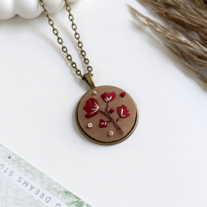 Hand Embroidered Crimson Antique Finish Necklace