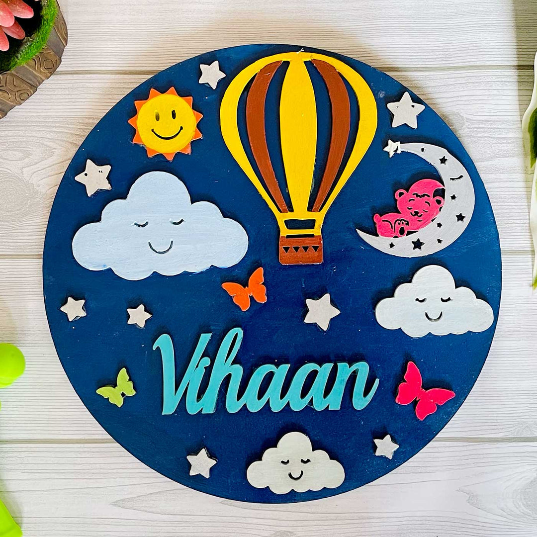 Personalized Hand Painted Hot Air Balloon In The Sky Mdf Wood Kids Name Plate - Front View with Name Personalization
