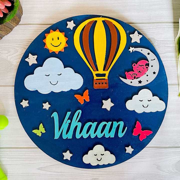 Personalized Hand Painted Hot Air Balloon In The Sky Mdf Wood Kids Name Plate - Front View with Name Personalization