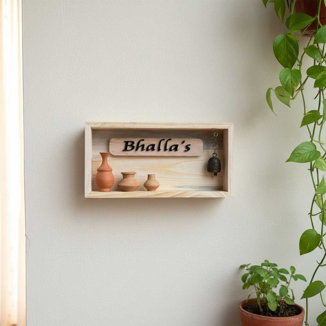 Handcrafted Personalized Shadowbox Pinewood Name Plate With Brown Mini Pots & Copper Bell For Home