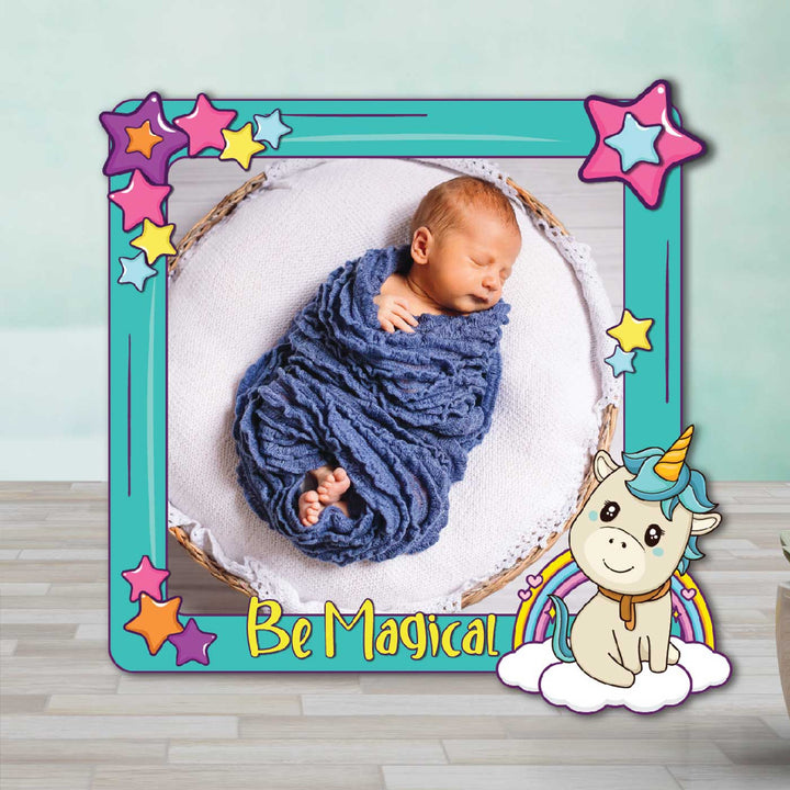 Photo Personalized Blue Unicorn Theme Wooden Fridge Magnet