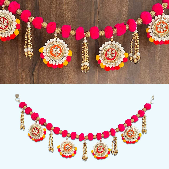 Handmade Pink Pom Pom Toran With Decorative Shell Bangles