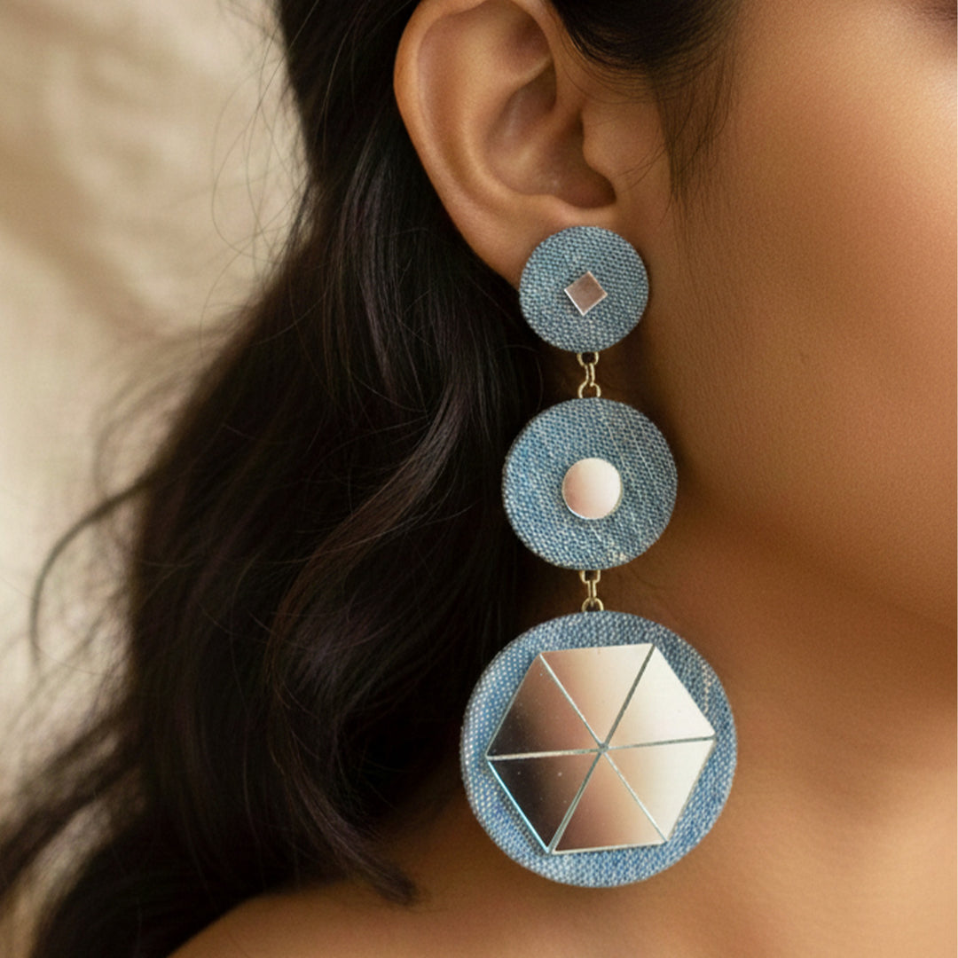 Handmade Layered Mirror Work Denim Earrings