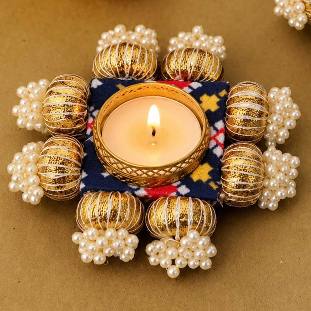 Handcrafted Reversible Gota Patti & Patola Print Square Tealight Holder With Pearl Beads