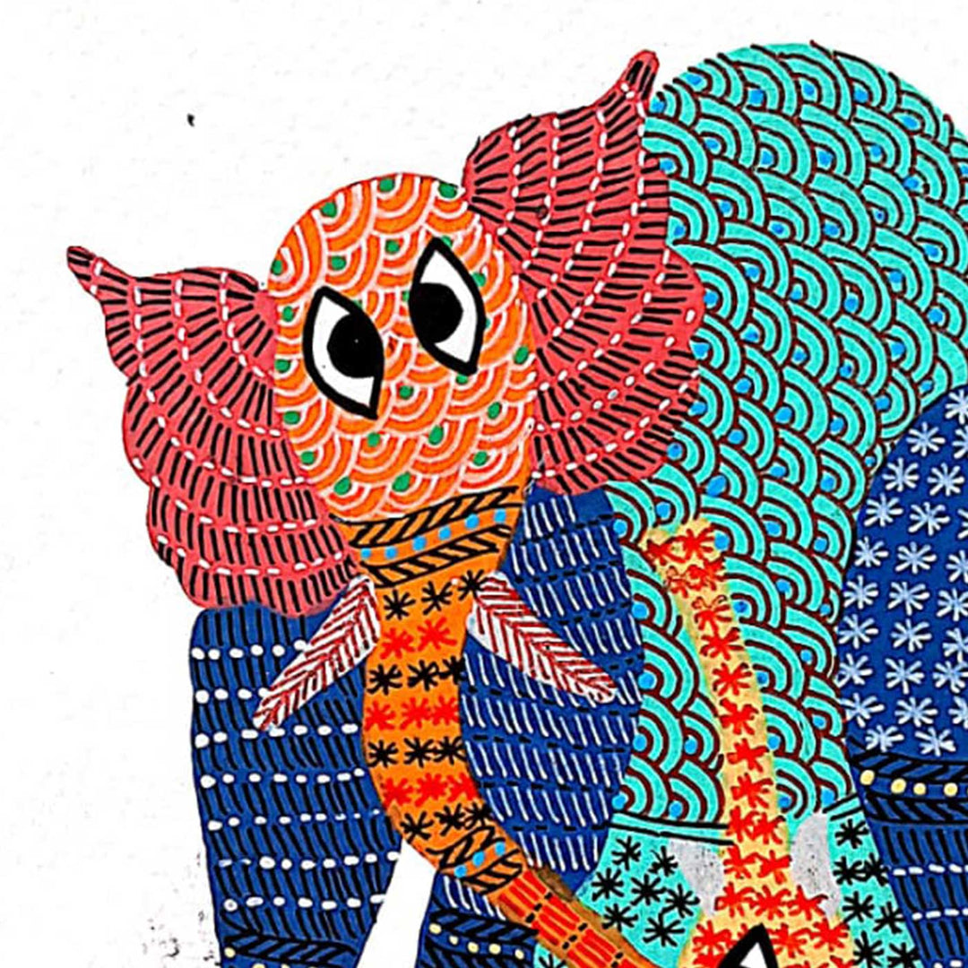 6 x 8 Inch | Elephant and Baby | Original Hand painted Tribal Gond Art Painting | Acrylic Paints On Paper