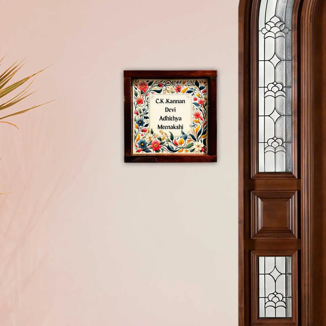 Personalized Floral Theme Resin Name Plate With Teak Wood Frame