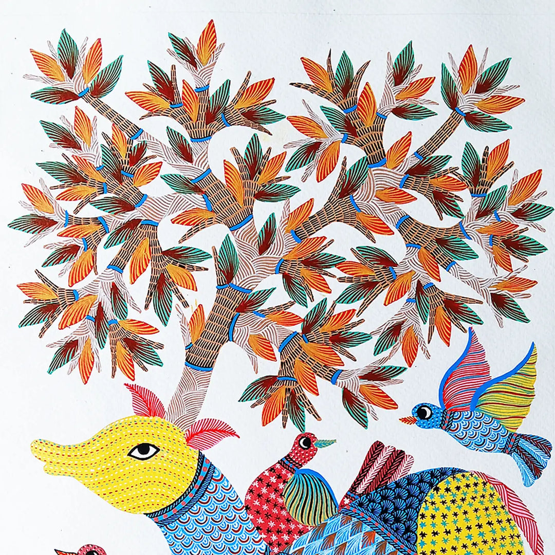 15 x 22 Inch | Deer & Birds | Original Hand Painted Tribal Gond Art Painting | Acrylic Paints On Paper