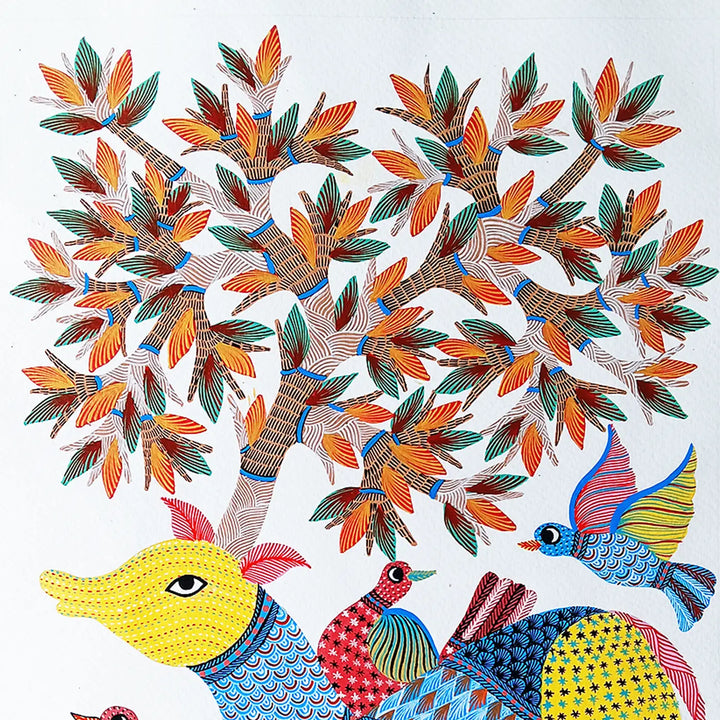 15 x 22 Inch | Deer & Birds | Original Hand Painted Tribal Gond Art Painting | Acrylic Paints On Paper